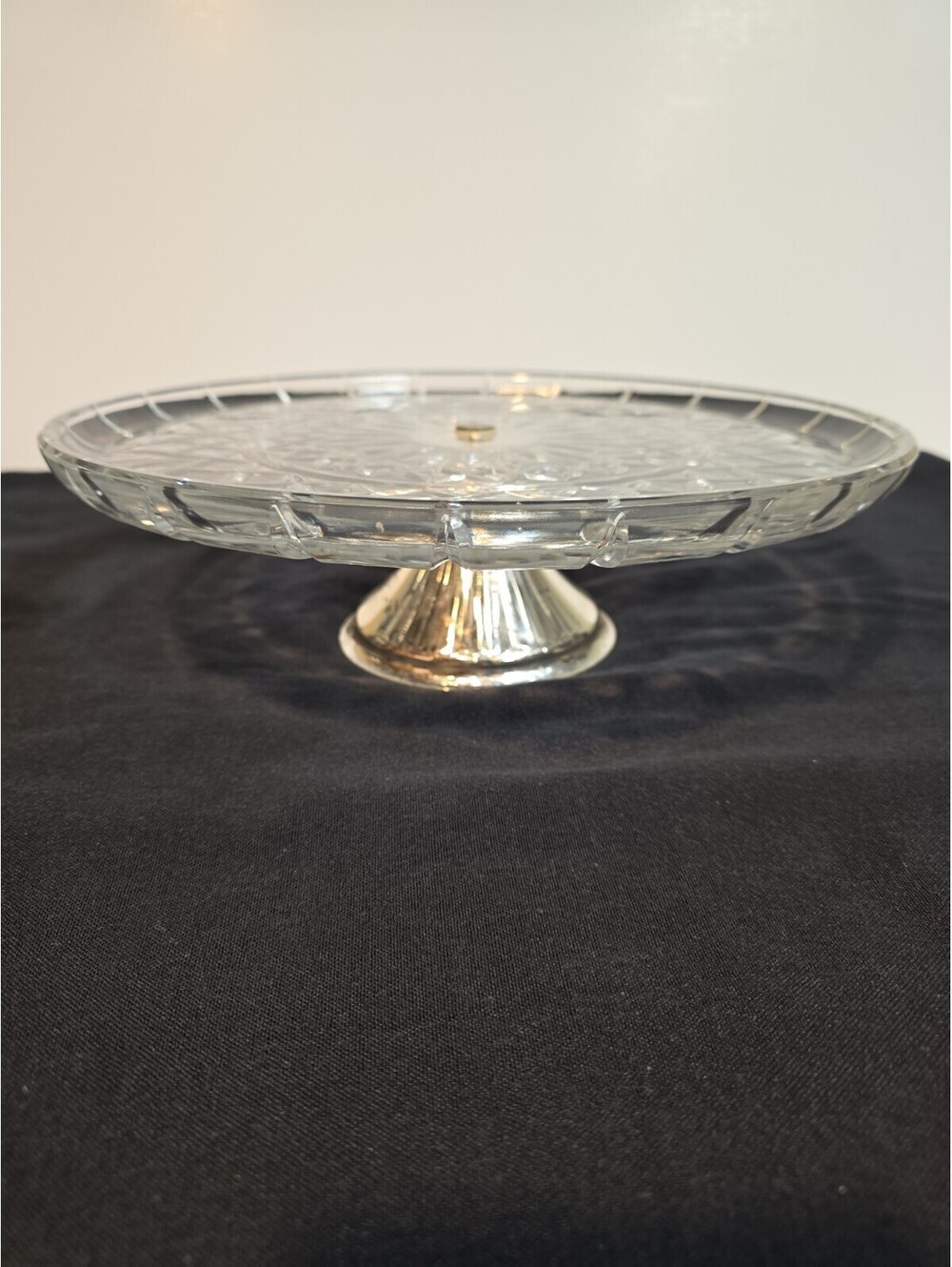 Vintage 11.5" Glass Cake Stand Clear Patterned Platter Silver Plated Pedestal